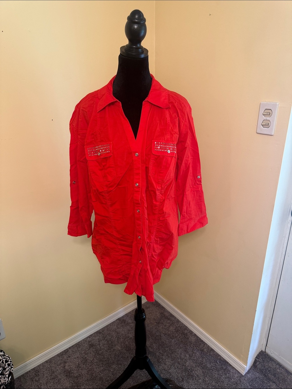 Lane Bryant Red Button-Front Lightweight Shirt Jacket